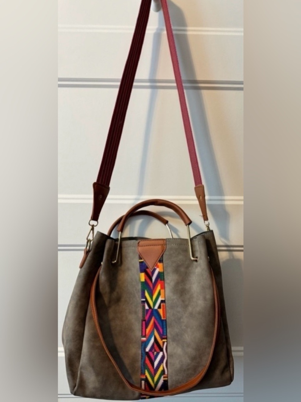 City Chic Gray Faux Suede Tote Bag Boho Aztec Strap Shoulder Crossbody